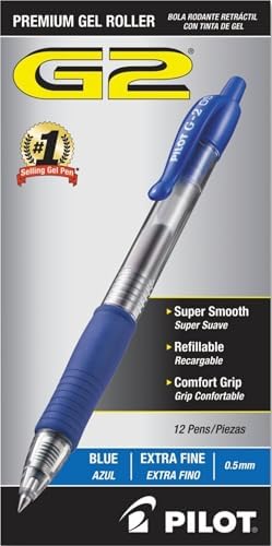 PILOT G2 Gel Roller Pens, Blue Ink Pens Extra Fine Point, Pack of 12