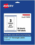 Avery® Matte White Rectangle Labels, Sure Feed® Technology, 2.5" x 5", 150 Matte White Printable Labels