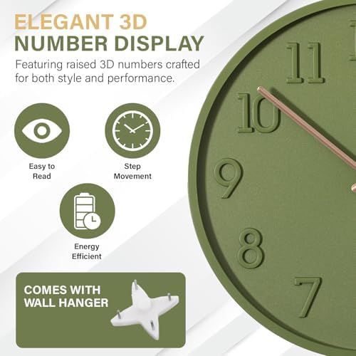 Clockswise 11" Modern Minimalist Round Wall Clock Green Arabic Numerals and Dial Analog Display Step Movement Mechanism Easy-to-Read Timepiece for Living Room Kitchen Office or Bedroom Wall Decor