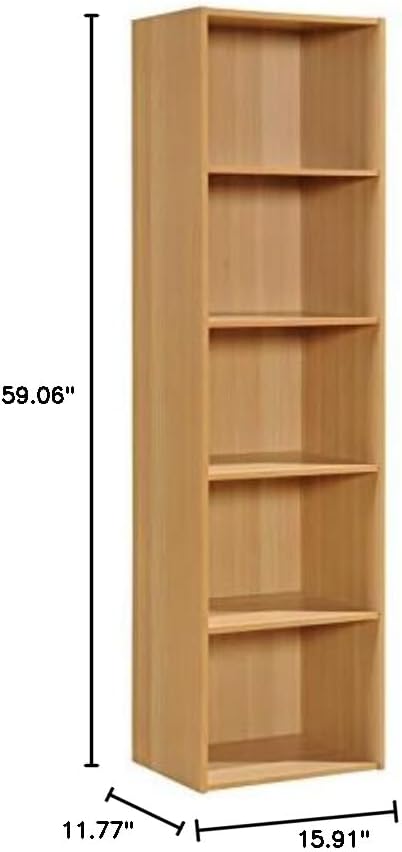 Pemberly Row 5-Shelf Wooden Bookcase, Beige Finish, Slim Design, 59 in H x 15.9 in W x 11.8 in D, Contemporary Style, Multi-Purpose Storage for Office, Bedroom, Kids Room, or Entryway