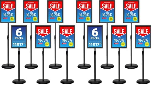 6Packs 11x17 Inch Adjustable Pedestal Poster Sign Stand, Heavy Duty Floor Standing Sign Holder Stand Aluminum Snap Open Frame for Vertical and Horizontal View Sign Displayed(Black) (Pack of 2)