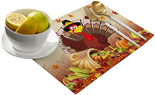 Vandarllin Thanksgiving Turkey Placemats Set of 6, Fall Leaf Autumn Harvest Pumpkin Cotton Linen Stain Resistant Table Mats Washable Placemat Decoration for Kitchen Dining Table,Yellow
