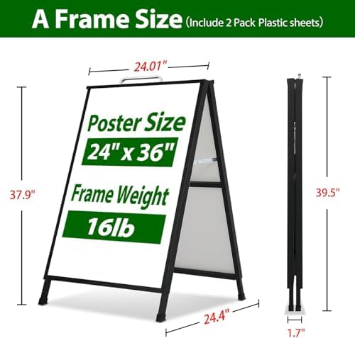 A Frame Sidewalk Sign 24 x 36 Inch Outdoor, Double-Sided Folding Sandwich Board with Handle, Heavy Duty Metal Slide-in A-Frame for Business, Advertising, Party, with 2 Plastic Boards