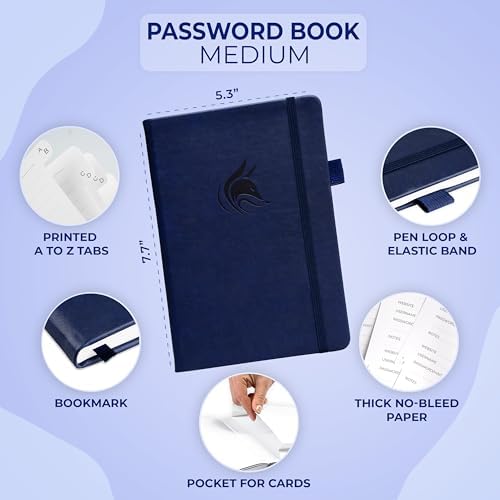 Clever Fox Password Book with Alphabetical Tabs, 5.3"x7.7" Keeper Dark Blue