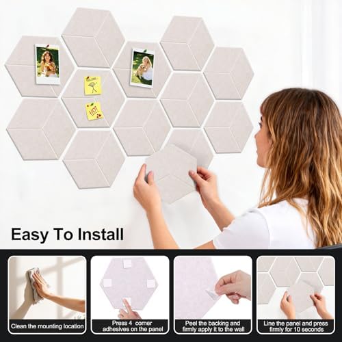 12-Pack Hexagon Cork Board Alternative for Walls Decor, 38.2" x 38.2" Large Felt Bulletin Board, with Pushpins, Damage-Free Adhesives, Thick Pin Board for Office, Home (Oatmeal)