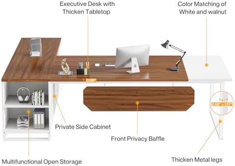 Tribesigns 70.8" L-Shaped Executive Desk with 55" File Cabinet, Large Home Office Computer Desk with Storage Shelves and Cabinet, Modern Business Furniture Set Home Office, Walnut White