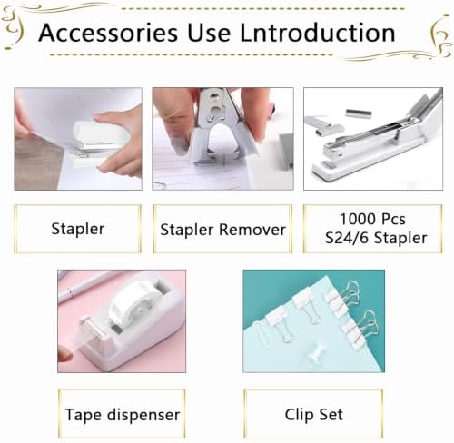 Office Supplies,White Desk Accessories,Stapler and Tape Dispenser Set for Women with Stapler,Tape Dispenser,Staple Remover,Staples,Clips,Scissors and Tabs,Gift for Students,Coworkers,Teacher,Business