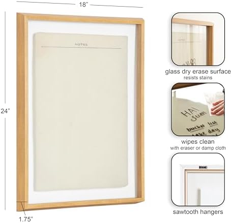 Kate and Laurel Framed Glass Dry Erase Art Vintage Notes Whiteboard for Wall by The Creative Bunch Studio, 18 x 24, Blake Natural Frame, Modern, Dry Erase Art for Wall Decor