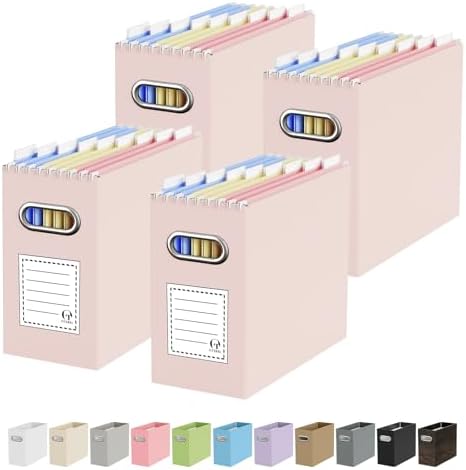 Oterri Portable Collapsible Cardboard File Box with Handle for Letter-Size | 4-Pack. Stainless Steel Handle. Label Stickers Included. Fits Letter Folders (Not Included). Home, Office, School, Dorm, Tax.