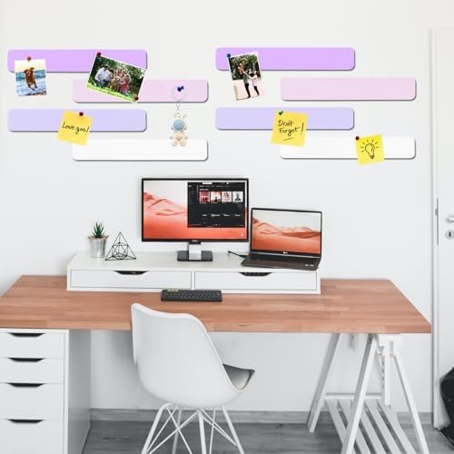 8Pcs Rectangle Felt Cork Board Bar Strips with 35 Pushpins, Self-Adhesive Bulletin Board Strips for Office School Home Wall Decor Stickers Memos Schedules Photos Display -Purple+Pink