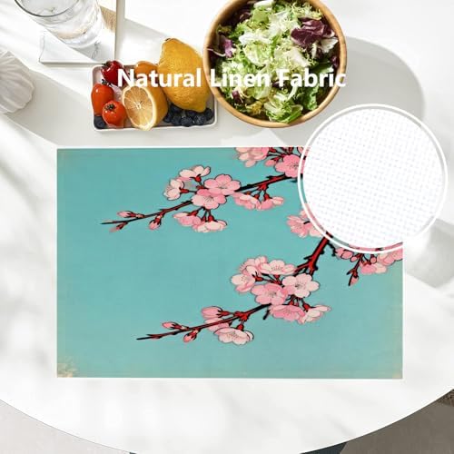 Batmerry Shabby Chic Cherry Blossom Linen Placemats Set of 8, Artistic Floral Illustration Washable Table Mats for Kitchen Table Thickened Heat Insulation Dining Set Indoor Outdoor 12X18 in