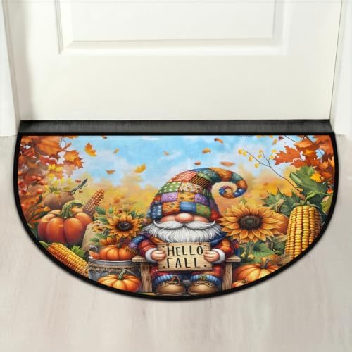 Gnome Autumn Half Round Door Mat Non Slip Washable Semi Circle Area Rug Absorbent Soft Half Moon Rug Floor Mat for Indoor Outdoor Kitchen Bathroom Patio Front Door Mat Decor