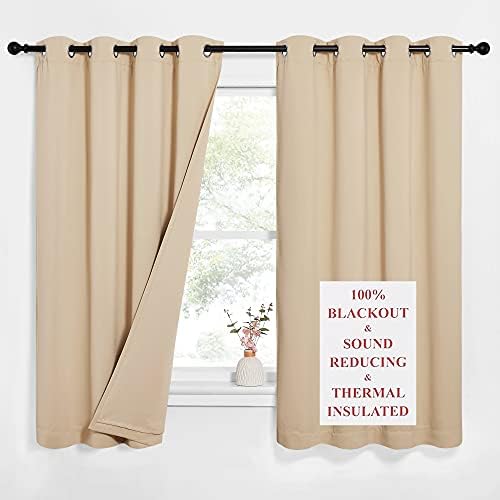 NICETOWN Bedroom Full Blackout Curtain Panels, Super Thick Insulated Window Covers, Complete Blackout Draperies with Noise Absorb Liner for Short Window(Biscotti Beige, Set of 2, 52 by 63-inch)