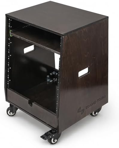Sound Town DIY Slanted 10U Studio Rack (2U Top + 8U Lower) with 2U Bottom Storage, Slide-Out Tray, Casters, for Home Studio and Recording Room, Birch Plywood, Black Espresso (SDRK-ST10TD)