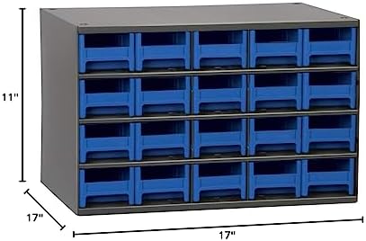 Akro-Mils Steel Garage Storage Cabinet, Small Parts Organizer Metal Cabinet for Hardware, Nails, Screws, Bolts, Nuts, and More, 17" W x 11" D x 11" H, 20-Drawer, Gray Cabinet/Blue Drawers (19320)