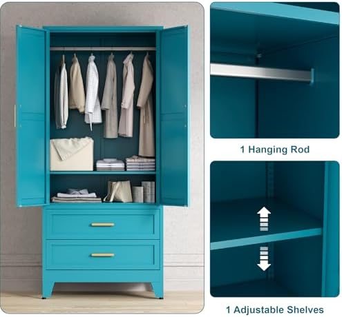 Washsemba 71'' Farmhouse Metal Wardrobe Cabinet with Hanging Rod, 2 Barn Door Wardrobe Closet with Adjustable Shelves,2 Drawer,for Dining Room,Bedroom,Living Room, Cloak Room,Office (Peacock Blue)