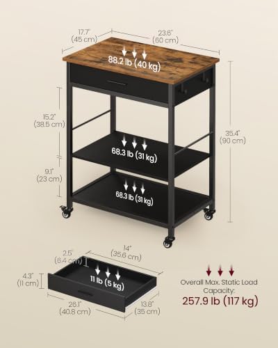VASAGLE Kitchen Island Cart with Storage, Drawer, Adjustable Shelf, 2 Hooks | Portable Kitchen island On Wheels, Small Cart, 23.6" Width, Rustic Brown and Ink Black, BARNET Collection UKKI007KD01