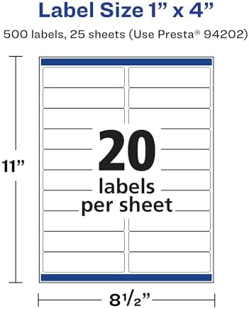 Avery® Matte White Rectangle Labels, Sure Feed® Technology, 1" x 4", 500 Matte White Printable Labels