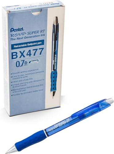 Pentel RSVP Super RT Ballpoint Pen, (0.7mm) Fine Line, Blue Ink, Box of 12 (BX477-C)