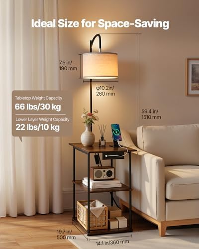 VEVOR Floor Lamp with Table, Narrow 3-Tier End Table with Open Shelves & 3 Color Temperature Lighting, Side Nightstand Bedside Desk with USB & Type C & AC Charging Port for Living Room, Bedroom, Dorm