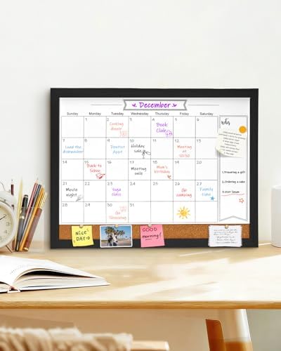 Dry Erase Calendar Whiteboard for Wall, Magnetic 13" x 17" Combination Dry Erase Board & Bulletin Board, 2in1 White Board Cork Board Combo(Black)