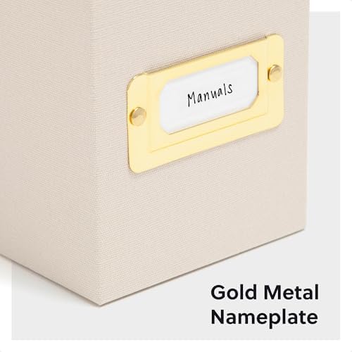 SMEAD Flip Top File Box, 10" x 3.7" x 13", Beige Natural Linen, Gold Metal Nameplate (70232)
