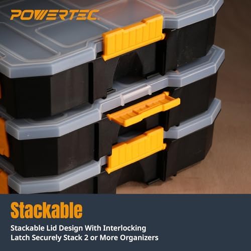 POWERTEC Stackable Tool Box Organizer with Removable Dividers - 17 Compartments, Interlocking, Portable Design, 2-Pack (72118-P2)