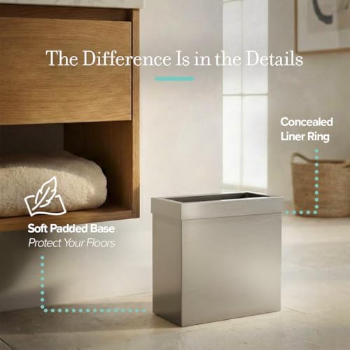 Gatco Modern Rectangle Wastebasket, Satin Nickel - Stainless Steel Trash Can with Removable Lid, Leakproof, 3 Gallon Capacity for Bathroom, Bedroom, Kitchen, or Office