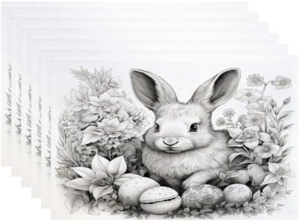 Batmerry Bunny with Eggs Flowers Linen Placemats Set of 6, A Bunny Surrounded By Eggs and Flowers Washable Table Mats for Kitchen Table Thickened Heat Insulation Dining Set Indoor Outdoor 12X18 in