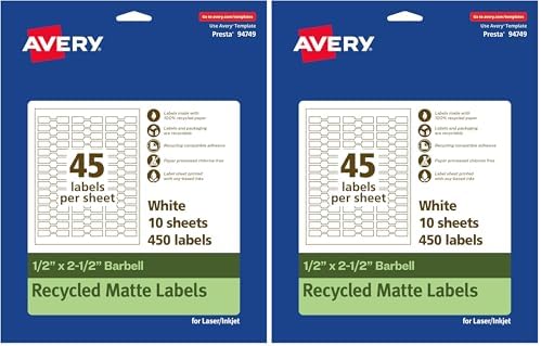 Avery EcoFriendly Matte White Recycled Barbell Labels, 0.5" x 2.5", Matte White Labels, Permanent Label Adhesive, Laser/Inkjet, 450 Printable Labels (Pack of 2)