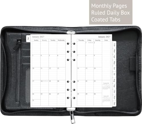 Fan&Ran 2027 Zipped Planner Organizer, Weekly and Monthly Refills with Simulated Leather Cover, Personal Size, Black