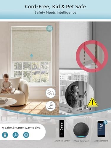 SmartWings Motorized Smart Roller Shades, 100% Blackout Linen Stone