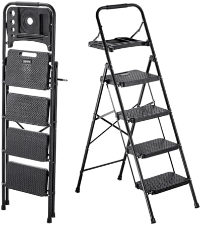 VEVOR 4 Step Ladder, Folding Step Stool with Wide Anti-Slip Pedal, Tool Tray, Comfort Handgrip, 600 lbs Capacity Portable Steel Ladder, Multi-Use for Kitchen, Home, Household and Office, Black
