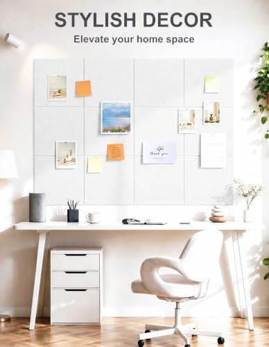 Felt Wall Tiles Bulletin Board Large Cork Board Alternative 12 Pack 11.81”x11.81”x0.47” Felt Pin Board Tack Board with Safe Removable Adhesive Tabs for Home Office School 48x36(White)