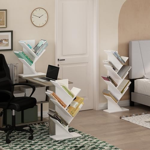 Furinno Tree Book Shelf, 7-Tier Bookshelf with Angled Open Shelf, Tree Bookcase for Room Decor, 8.4 x 15.7 x 39.4, for Organization and Storage, for Living Room, Bedroom, Home Office, White