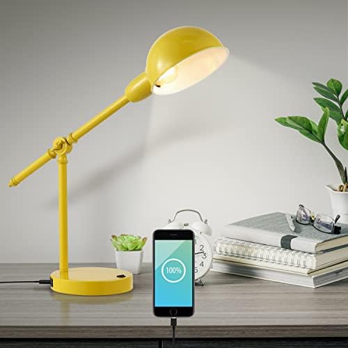 JONATHAN Y 20.25" Yellow Vintage Industrial Iron Adjustable Task Lamp with USB Charging Port for Office Desk, Metal Yellow Dome Shade, LED Bulb Included (JYL7123C)