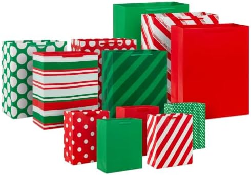 Hallmark Christmas Gift Bag Assortment, 12-Pack (Red, Green, Stripes, Dots)