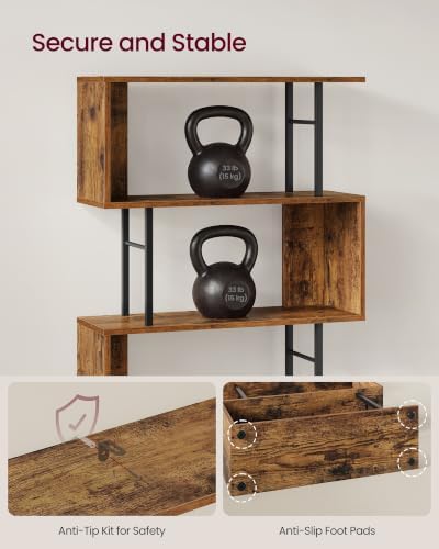 VASAGLE 6-Tier Book Shelf, S-Shaped Tall Display Shelf for Living Room | Bookcase Book Shelf, Tall Narrow Display Shelf Storage, Rustic Brown and Matte Black, BARNET Collection ULLS182KD01