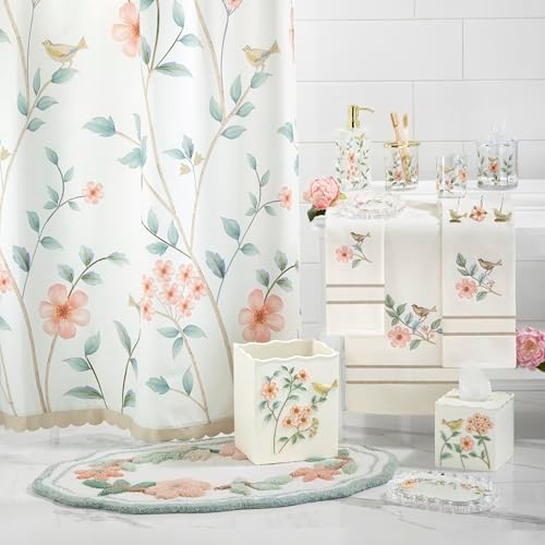 Avanti Linens – Wastebasket, Embossed Hand-Painted Resin with Scalloped Edge, Nature-Inspired Home Decor – Perfect for Bathroom, Bedroom or Office (Pretty Birds)