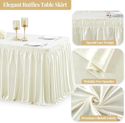 Wish Care 14ft Ivory Satin Table Skirt for Rectangle Tables Wrinkle Free Teacher Desk Skirt Glitter Ruffle Table Skirting Cloth for Back to School Classroom Office Dorm Birthday Party Table Decor