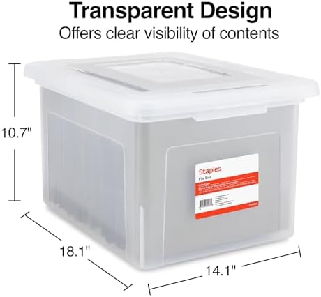 STAPLES Plastic File Box with Snap Lid, Letter/Legal Size, Clear, 2/Pack | Stackable storage box keeps hanging files organized and protected.