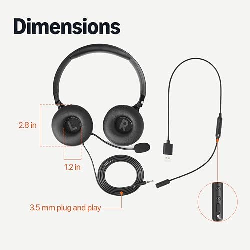 Amazon Basics On Ear Wired Computer Headset with Adjustable Microphone, 3.5mm Port or in-Line Control with USB-A Port, Foldable, Clear Sound, Small/Medium Size, Black (Pack of 2)