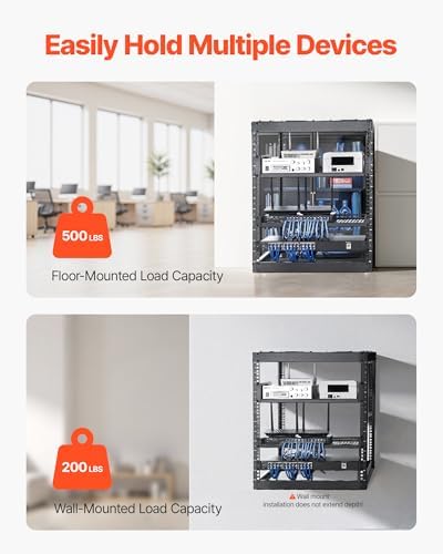 VEVOR 12U Server Rack, Open Frame Network Rack for IT & AV Gear, Floor Standing or Wall Mounted,with 2PCS 1U Rack Shelves & Mounting Hardware, AV Rack for 19" Networking,Audio and Video Device