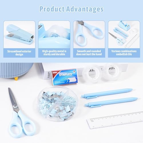 Gawsey Blue Desk Organizers and Accessories with Desk Organizer 360° Rotating Pen Holder and Office Supplies, Cute Stationery Supplies Set