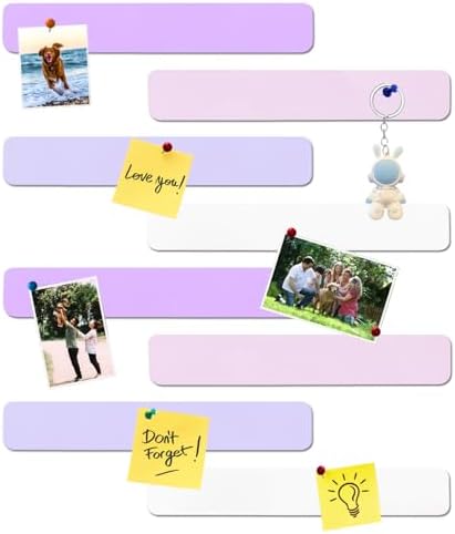 8Pcs Rectangle Felt Cork Board Bar Strips with 35 Pushpins, Self-Adhesive Bulletin Board Strips for Office School Home Wall Decor Stickers Memos Schedules Photos Display -Purple+Pink