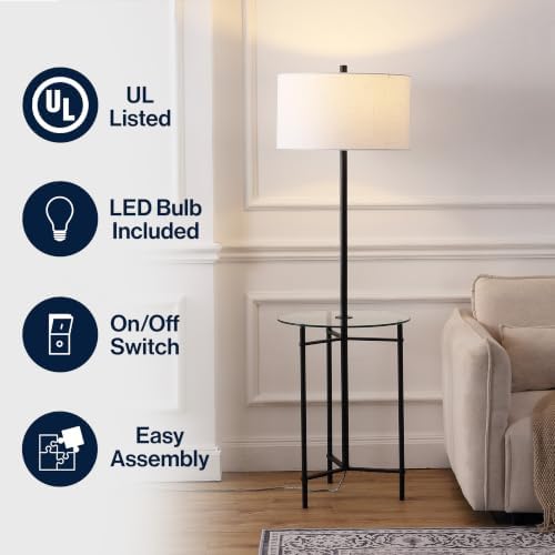 JONATHAN Y Chuck 59" Modern Black Metal Floor Lamp with Glass Tray Table