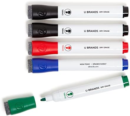U Brands Dry Erase Markers with Eraser, Chisel Tip, Assorted, 5 Count