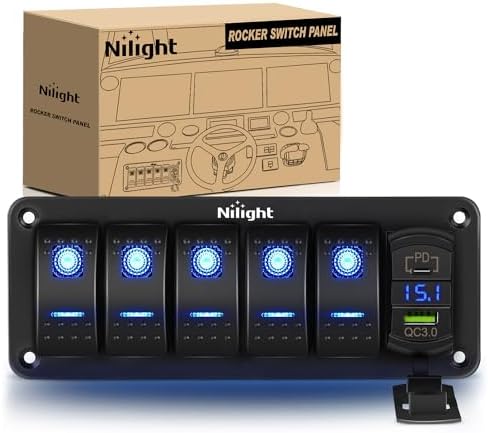 Nilight 5 Gang Rocker Switch Panel w/PD Type C and USB Socket Voltmeter