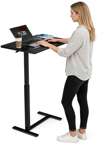 Overbed Bedside Table with Hidden Casters, Adjustable Pneumatic Mobile Laptop Computer Standing Desk, Rolling Laptop Table, Movable Overbed Table Hospital Home Use, Black