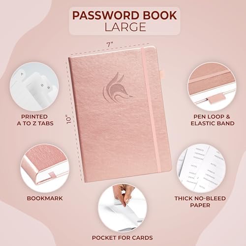 Clever Fox Password Book with Alphabetical Tabs, 7"x10" Keeper Rose Gold
